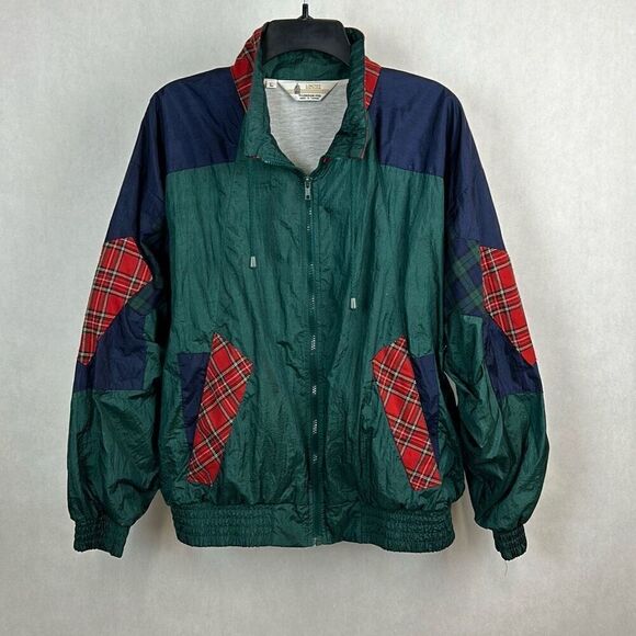Vtg London Fog Windbreaker Jacket Sz Large Red Blue Plaid Patterns 80s 90s Track - Picture 1 of 11